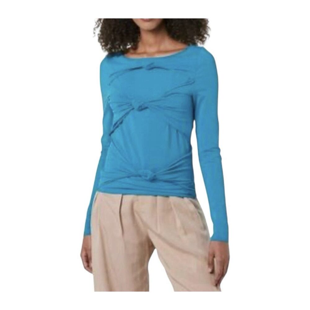 Terea By Andrea Pitter Blue Front Knotted Top Long Sleeves Cut-Out Plus 2X NWT